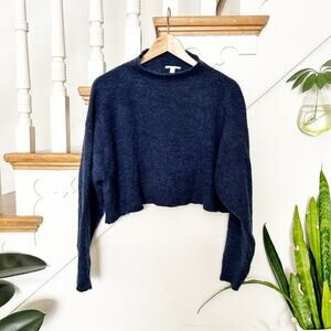 Leith Cropped Knit Sweater Navy Blue Long Sleeve Crewneck Pullover Size L